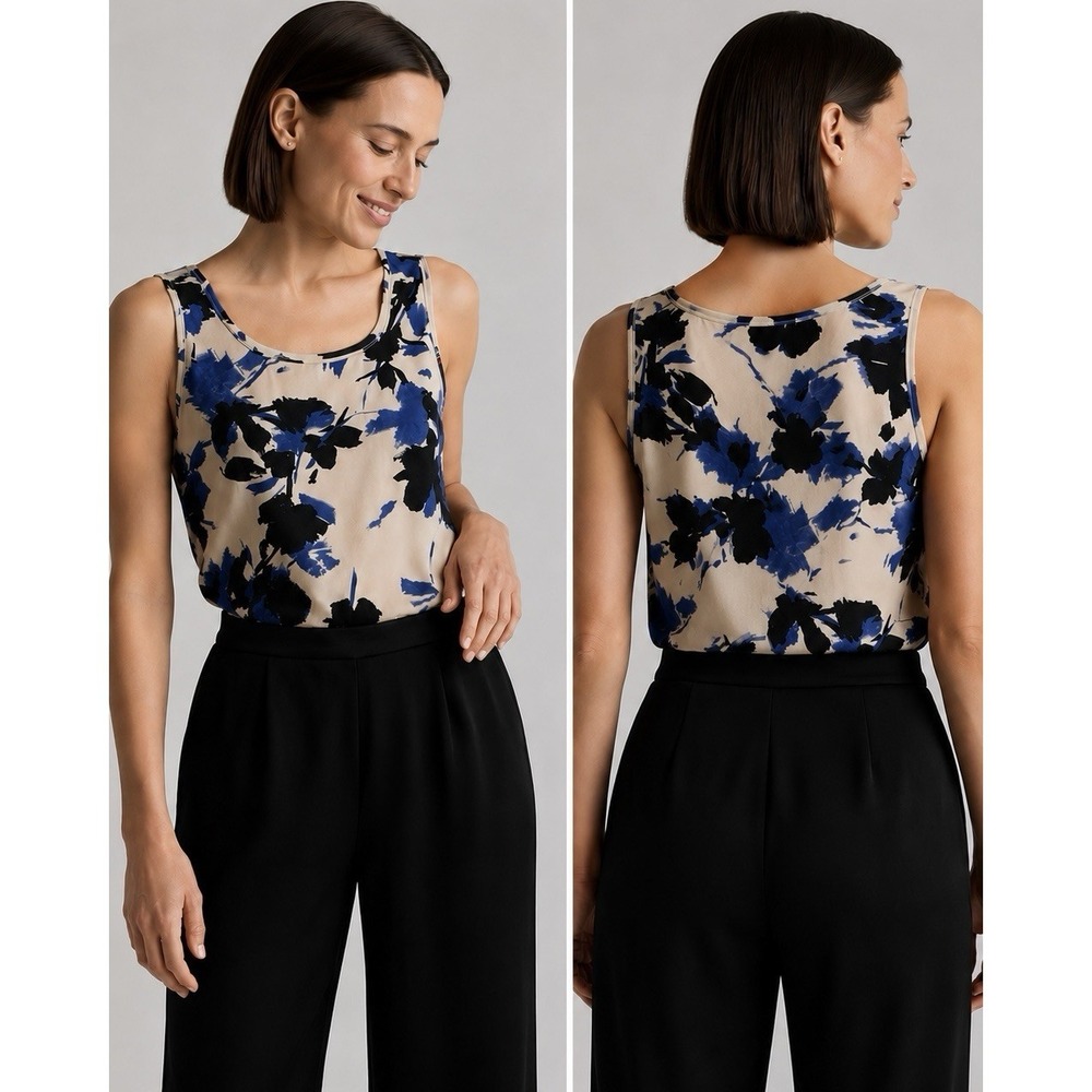 St. John Petite P Silk Blend Floral Sleeveless Shell Top Blue Ivory Black